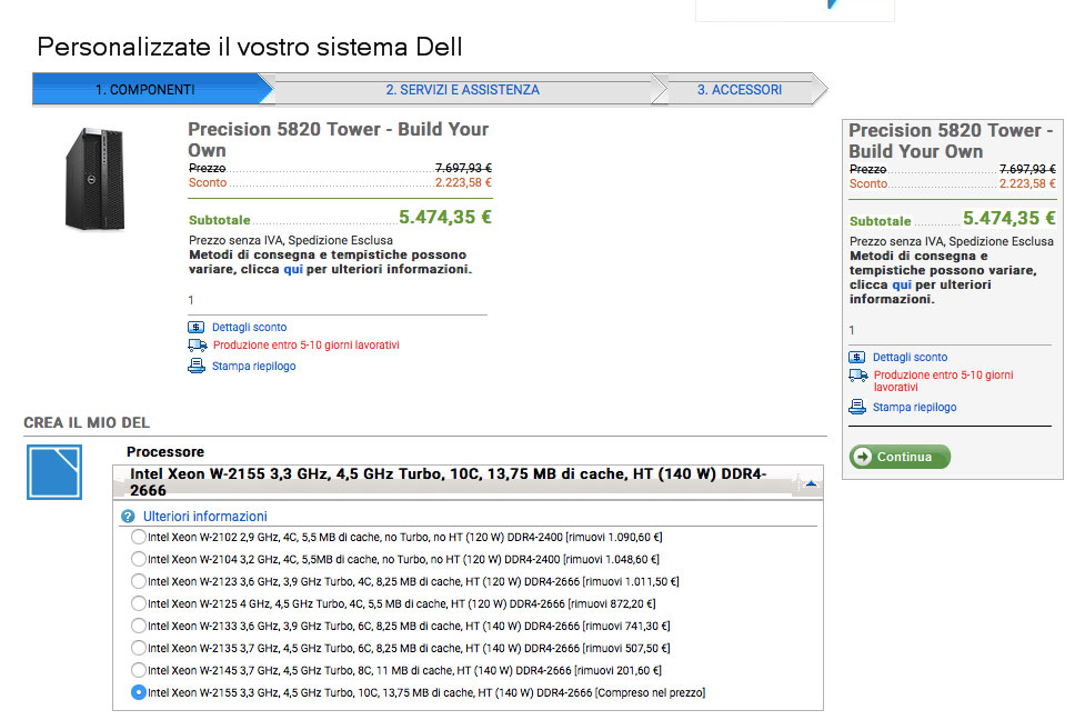 Configurazione sul sito Dell. Siamo già a 5474,00 euro + IVA e mancano ancora alcuni componenti.
