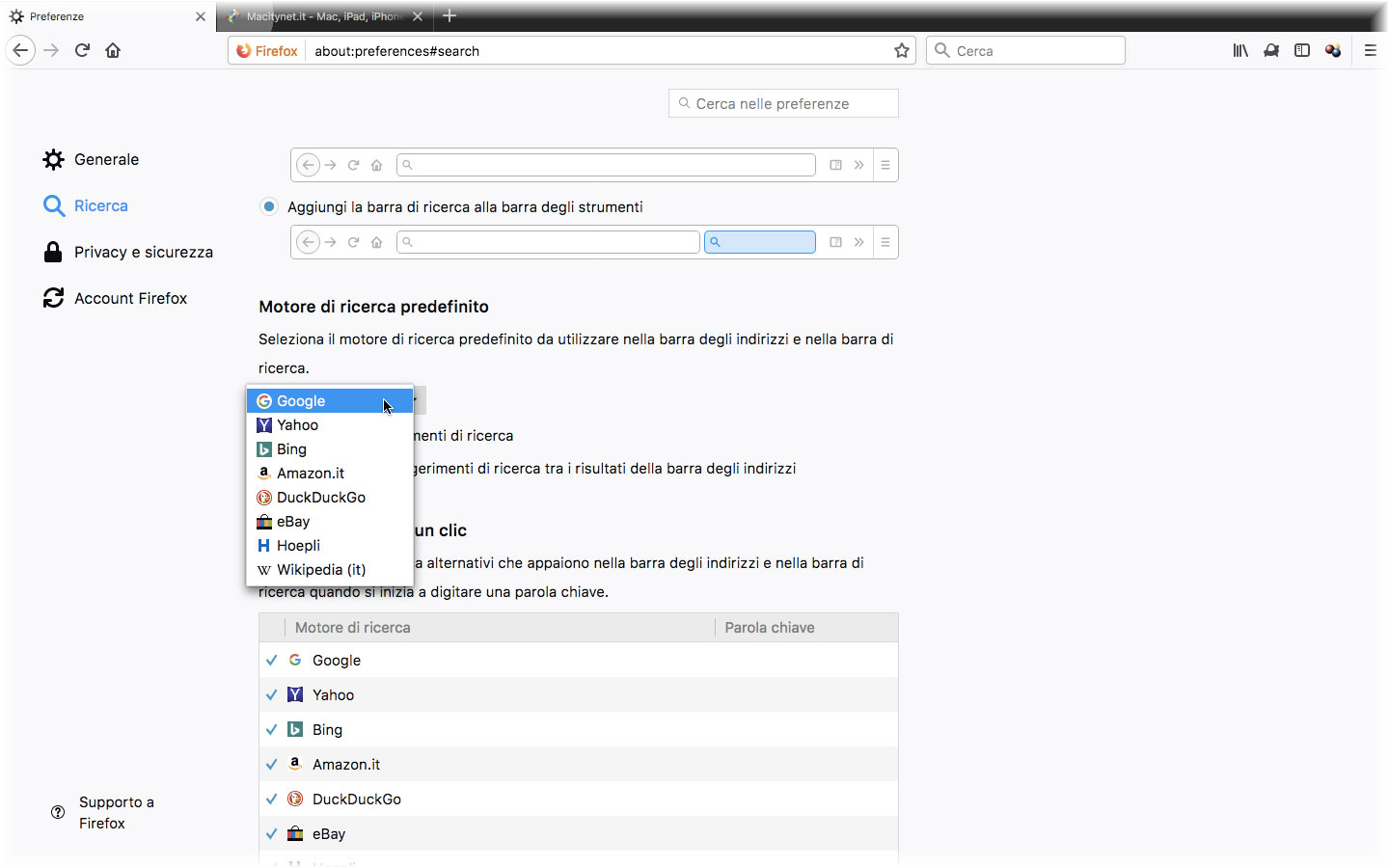 Motore di ricerca default - schermata di Mozilla Firefox
