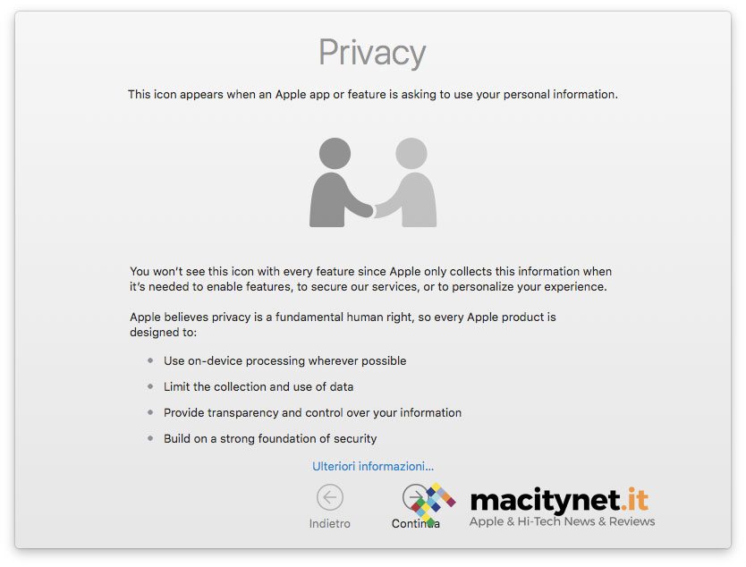 Un’icona dedicata alla privacy apparirà quando Apple chiede informazioni personali.