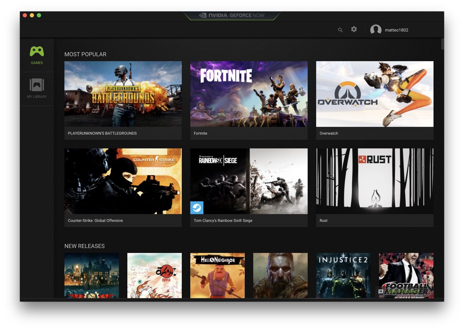 La finestra principale di GeForce Now, con l’elenco dei giochi disponibili