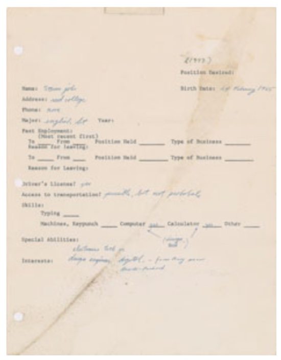autografi steve jobs CV 1973