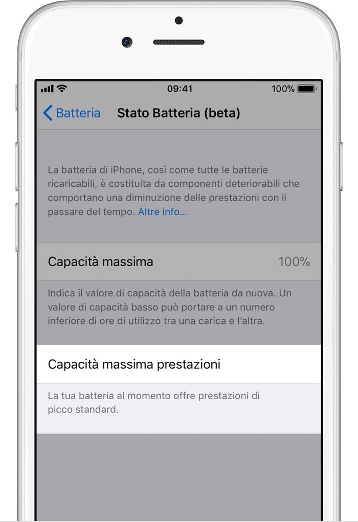 Con iOS 11.3 quando le condizioni della batteria possono supportare prestazioni massime e le funzioni di gestione delle prestazioni non sono attive, viene visualizzato il messaggio “La tua batteria al momento offre prestazioni di picco standard”