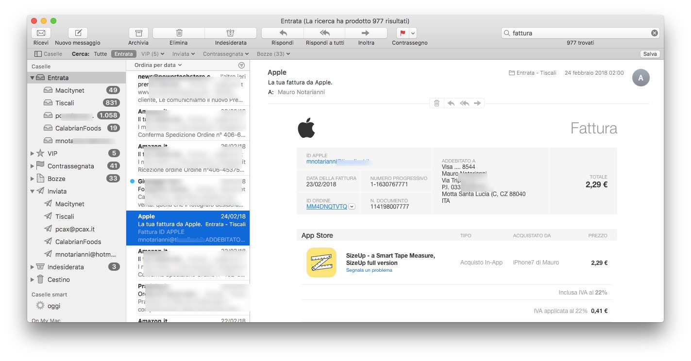 Una vera mail con un esempio di fattura inviata da Apple: sono presenti le indicazioni complete del nostro indirizzo postale, indicazioni della carta di credito usata per l'addebito, l'indirizzo mail.
