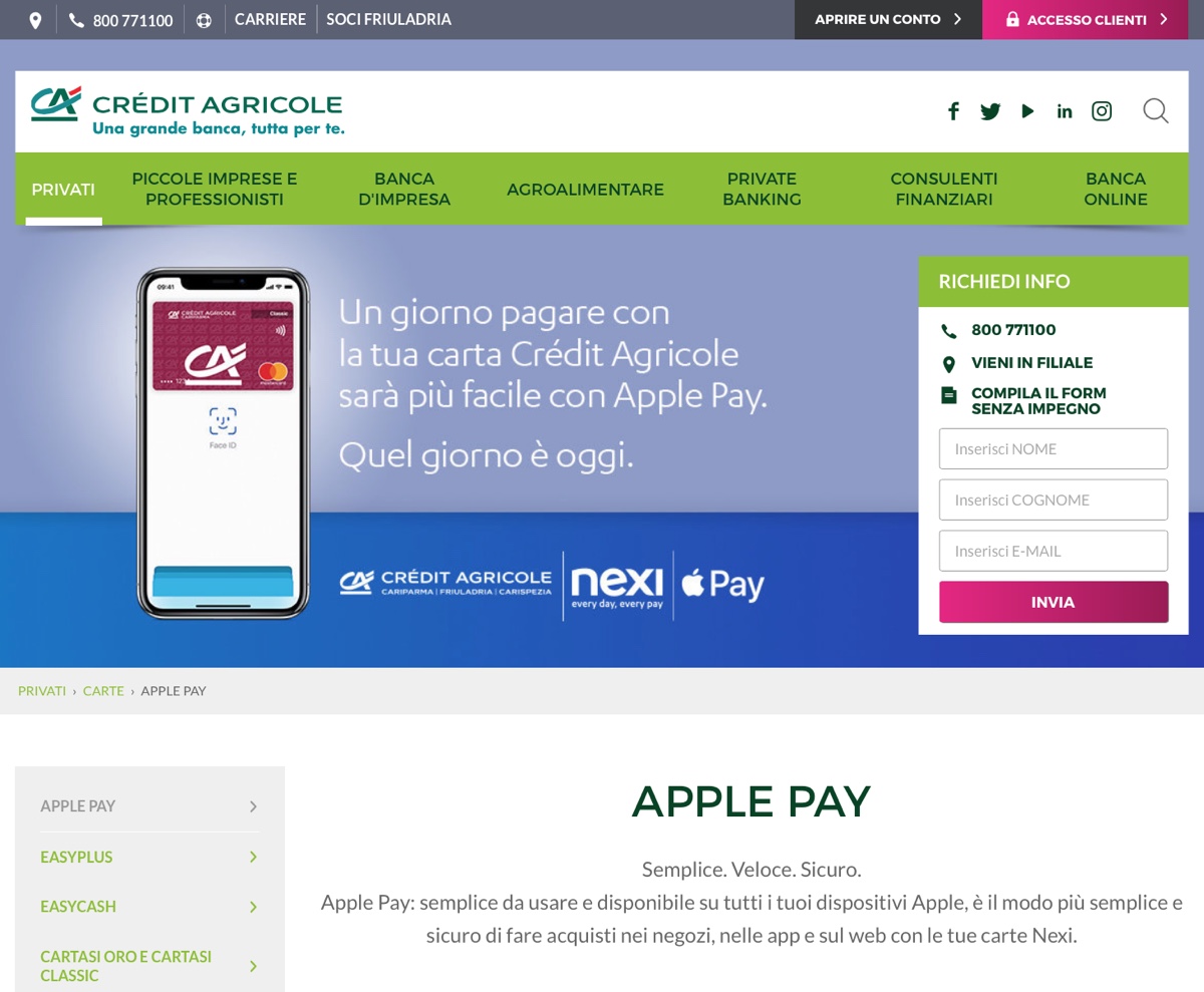 apple pay in italia, foto sito web credit agricole cariparma con apple pay