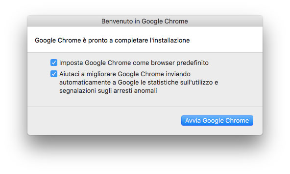 La finestra che compare al primo avvio di Chrome o dopo il reset completo delle impostazioni.