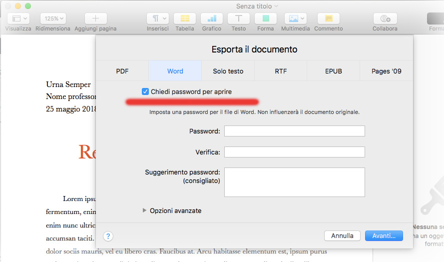 Impostare una password Word in Pages per Mac