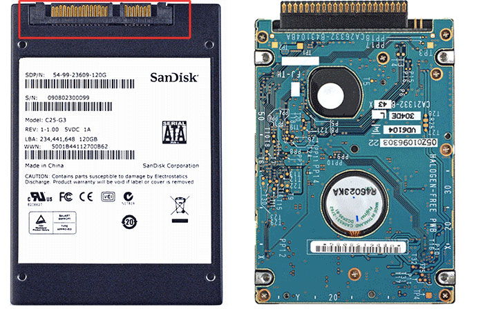 Un’unità SSD da 2,5" con attacco SATA (a sinistra) e un vecchio HDD da 2,5" con attacco Parallel ATA (PATA) con connettore a 40 pin.