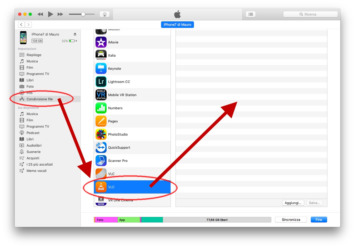 Copiare un file dal computer ad iPhone per la riproduzione con VLC è semplicissimo: basta passare per iTunes