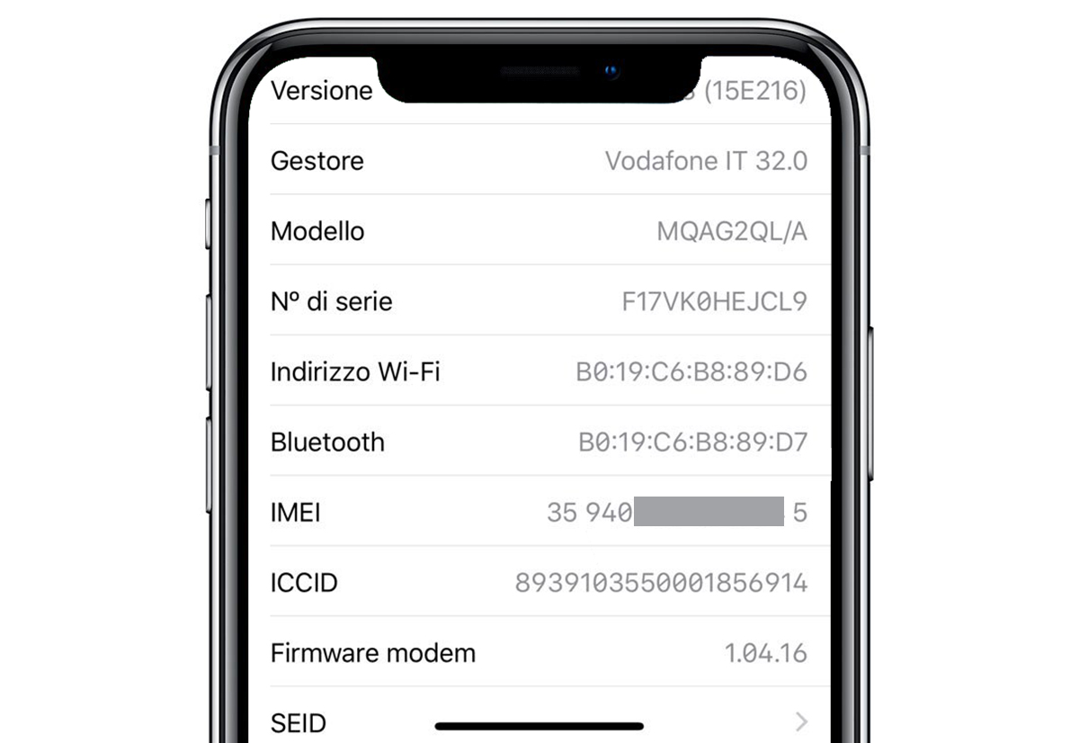 Usate iOS per leggere l'IMEI