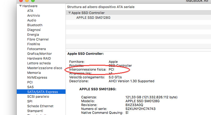 Per verificare il tipo di interconnessione fisica usata dal unità disco attualmente installata nel nostro Mac possiamo sfruttare l'utility "Informazioni di sistema"