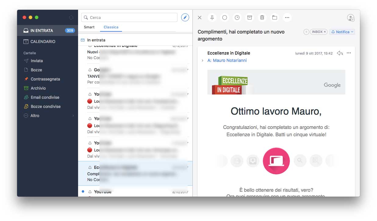 Spark 2 mostra i messaggi con il layout tipico delle varie applicazioni per la gestione della posta