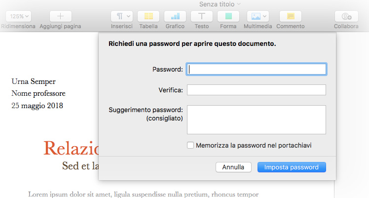Impostare una password in Pages