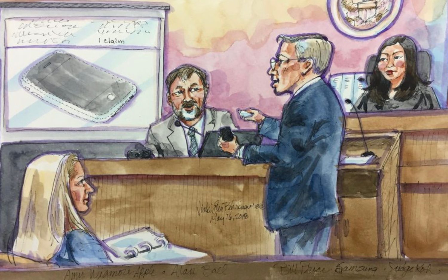 Apple contro Samsung, foto disegno apple contro samsung in aula di tribunale