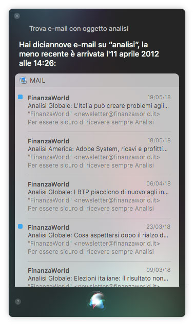 Trova email con Siri
