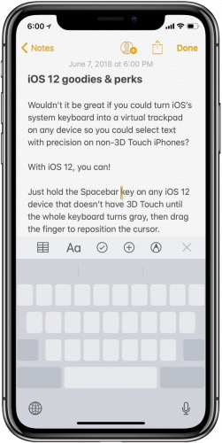 iOS 12 attiva la modalità trackpad su iPhone anche senza 3D touch
