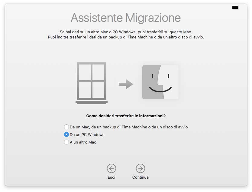 Assistente Migrazione da Windows