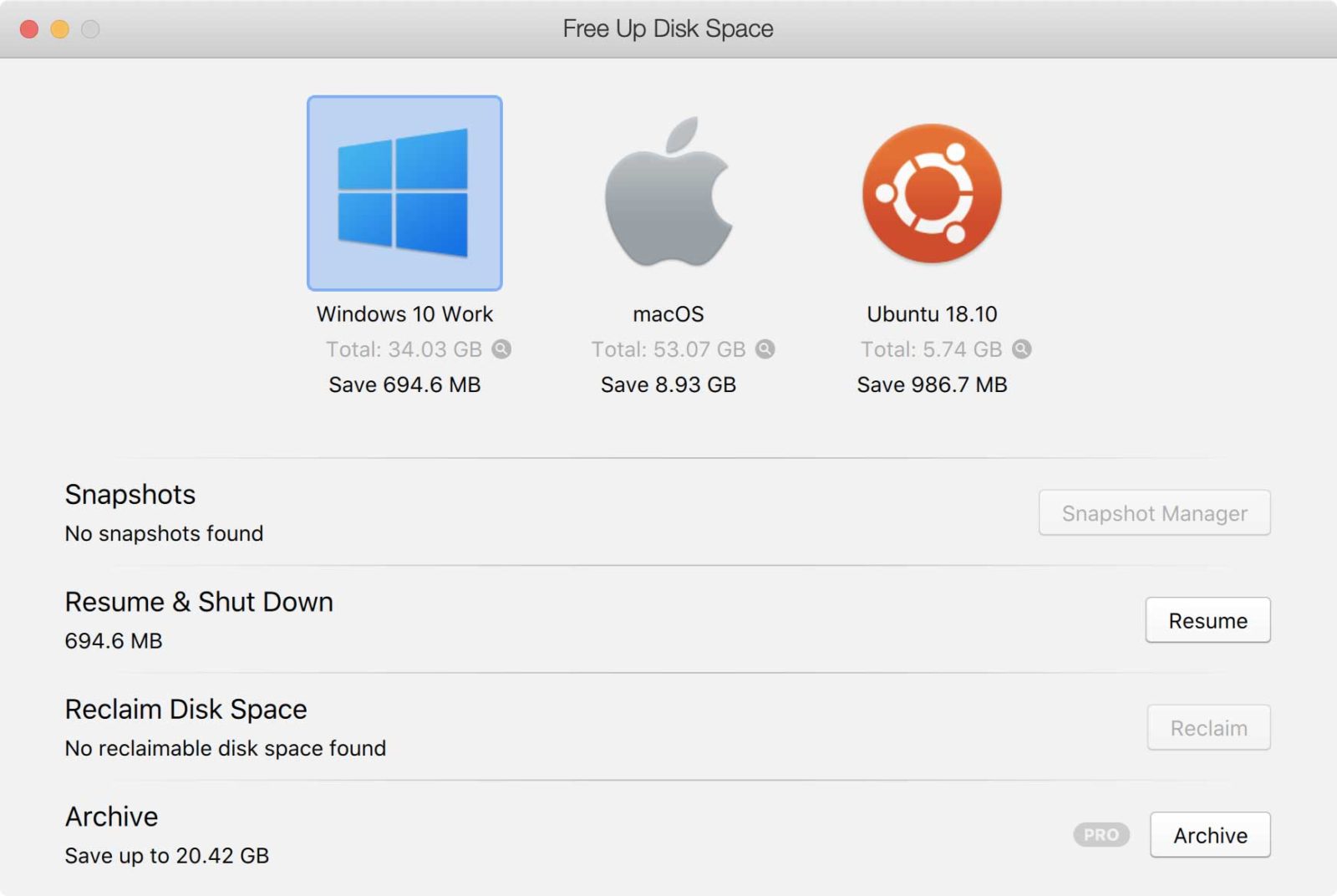 La nuova finestra di dialogo Free Up Disk Spac suggerisce azioni per liberare lo spazio di archiviazione.