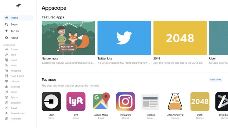 Appscope è uno store che consente di avviare app senza scaricare nulla