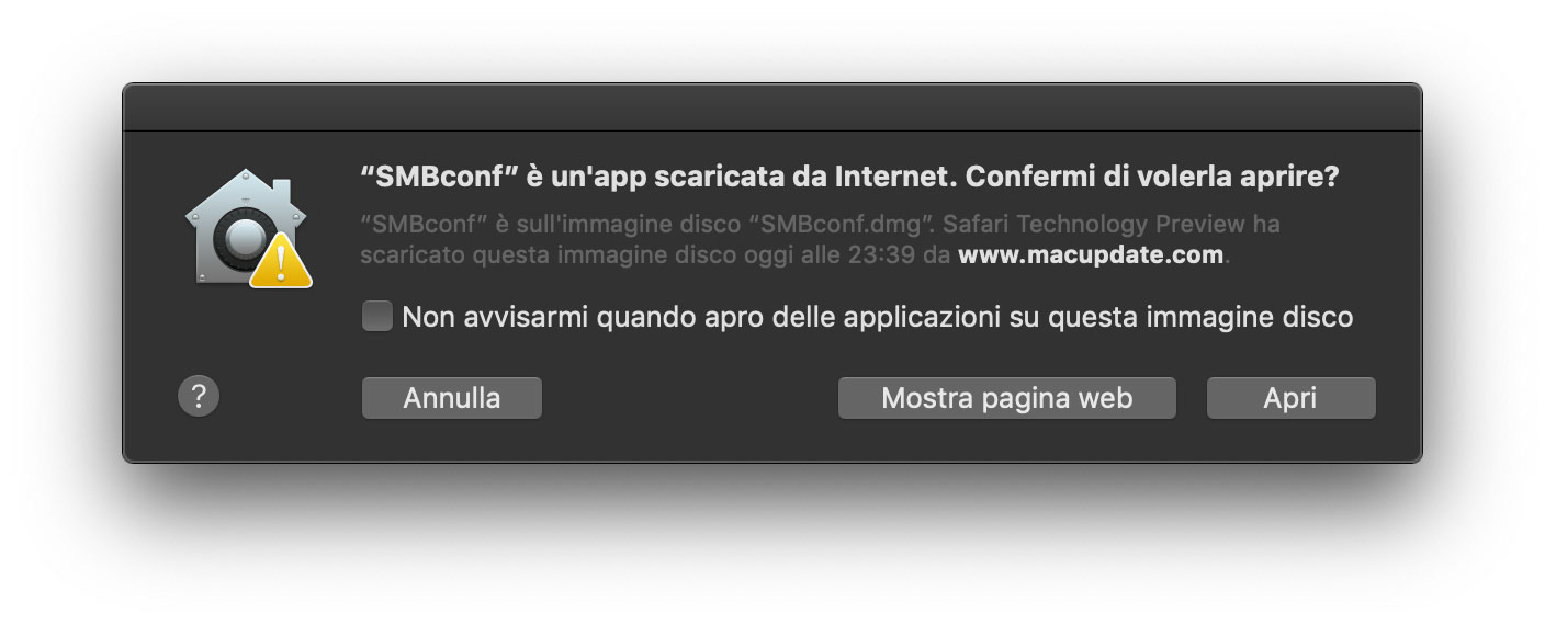 Esempio di finestra che appare in macOS Mojave quando si avvia per la prima volta un'app
