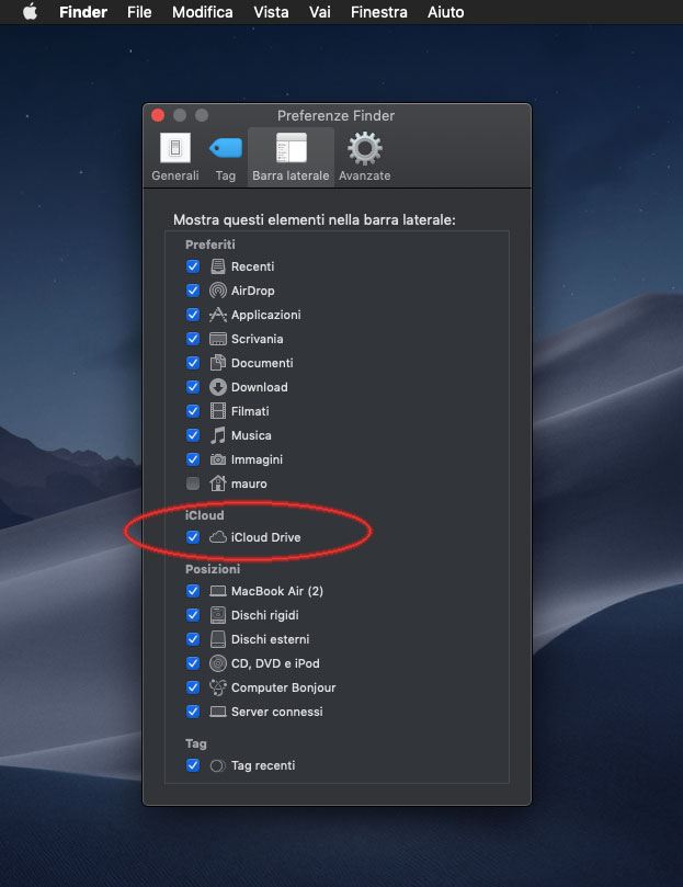 L'ozpione iCloud Drive nel Finder del Mac consente di salvare o recuperare file nel/dal nostro spazio di archiviazione sul cloud.