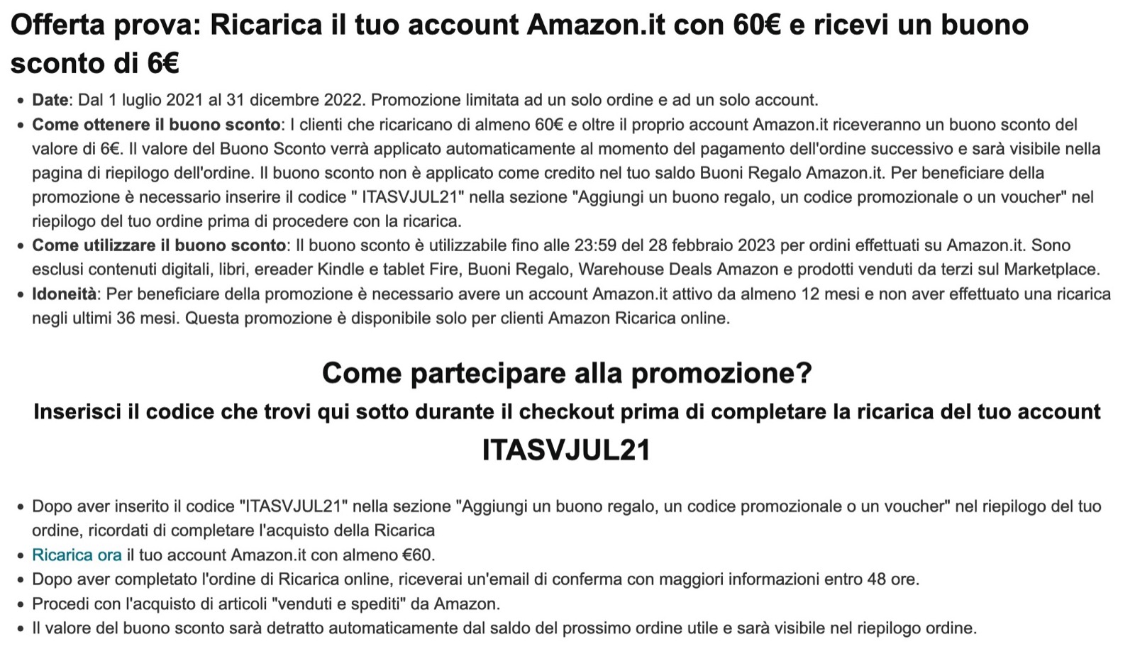 Amazon regala 6€ con una ricarica di almeno 90 euro
