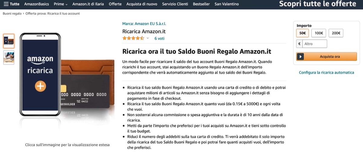 Amazon regala 5€ con una ricarica di almeno 60 euro