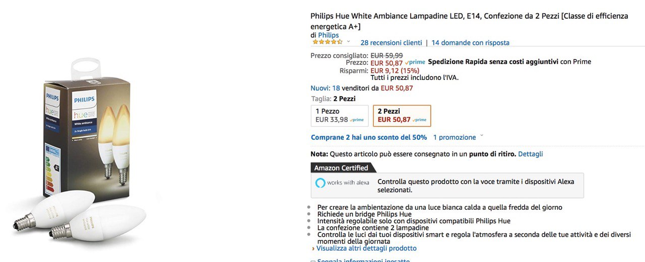 Sconto Philips Hue: compri due e il secondo è al 50%