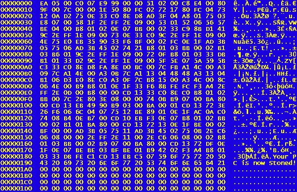 Il dump in esadecimale di una porzione di codice che mostra il testo "Your PC is now Stoned!", un virus per i PC con MS-DOS