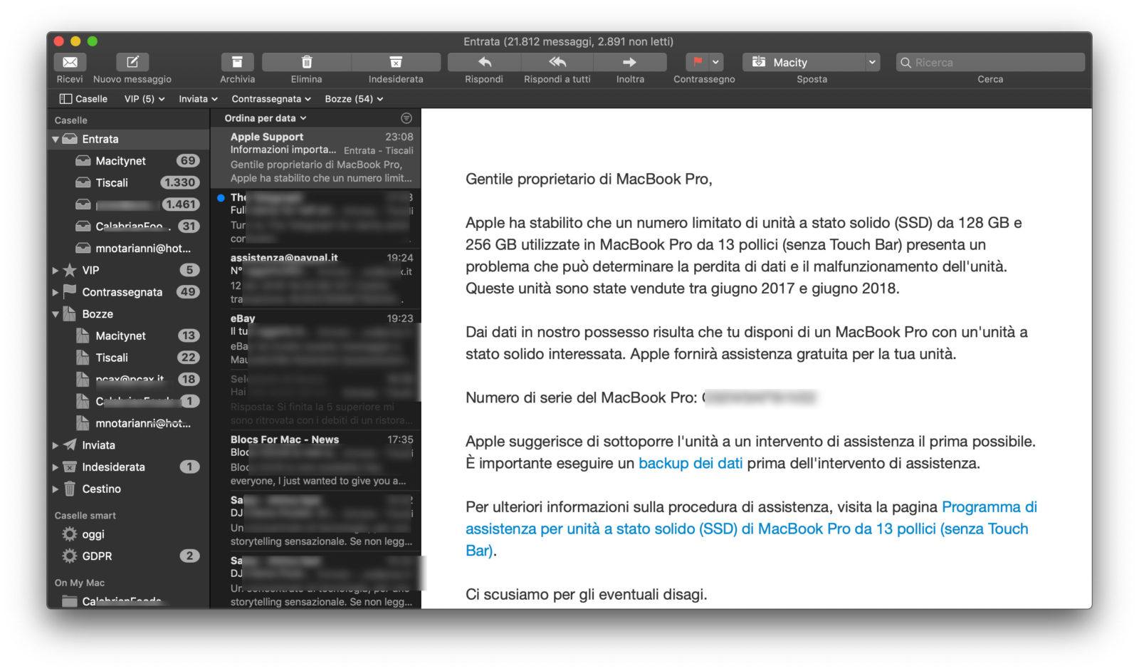 Apple manda una mail per ricordare il programma di assistenza per i MacBook Pro 13″ senza Touch Bar