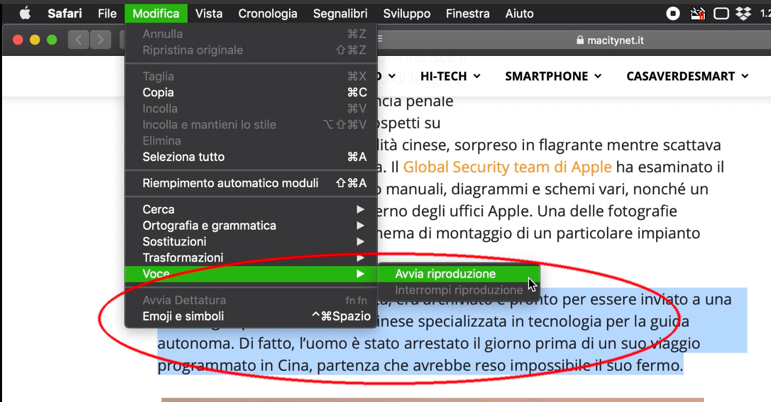 Con l'opzione "Avvia riproduzione" è possiible far leggere al Mac un documento o una parte di questo.