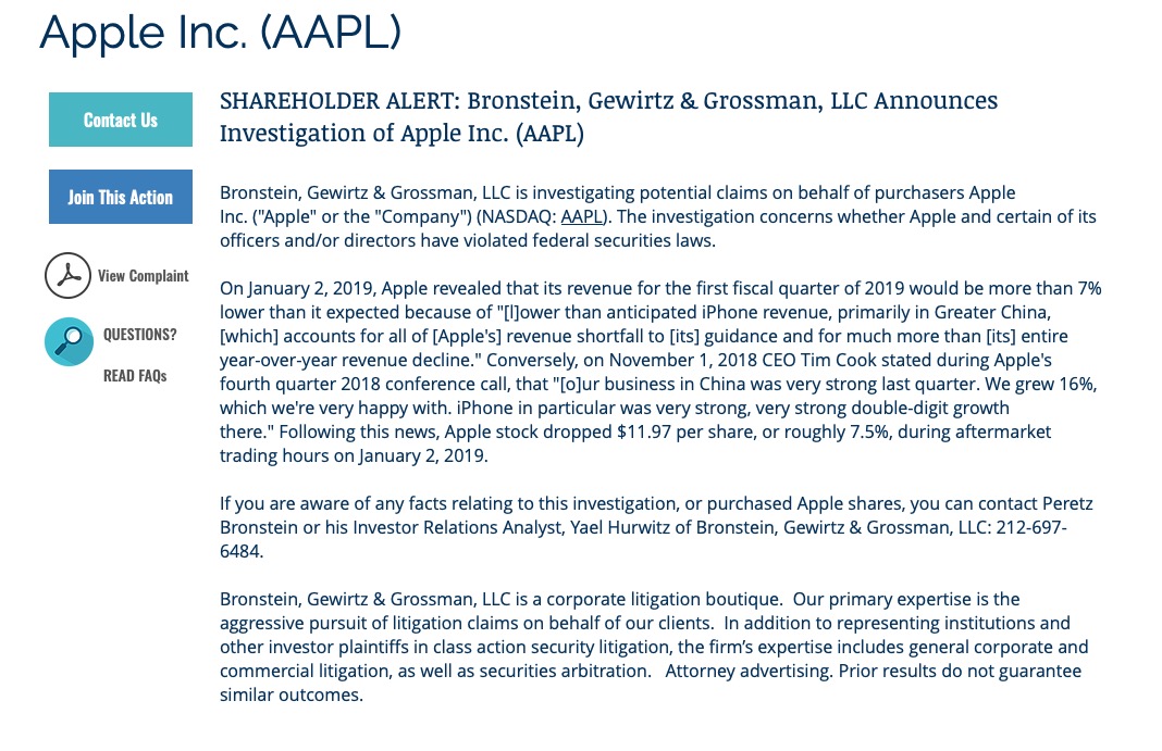 Gli azionisti indagano su Apple per una possibile class action Gli azionisti indagano su Apple per una possibile class action