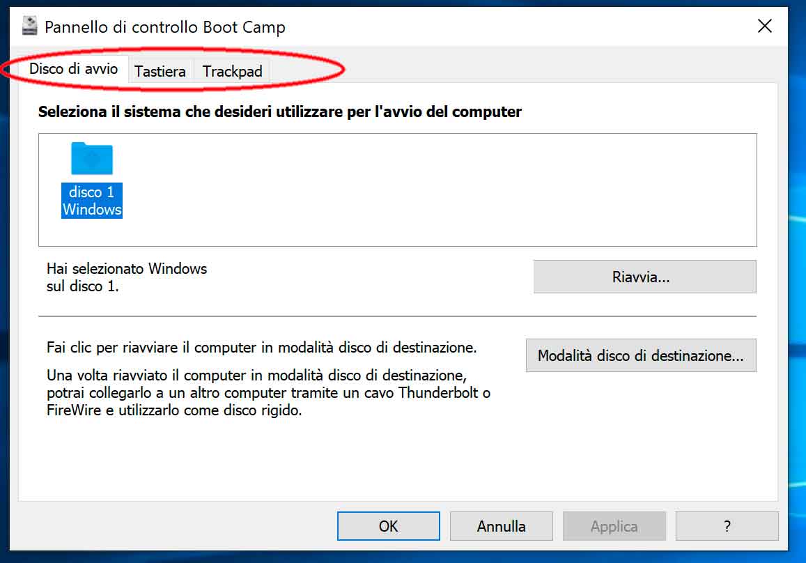 Pannello di controllo Boot Camp