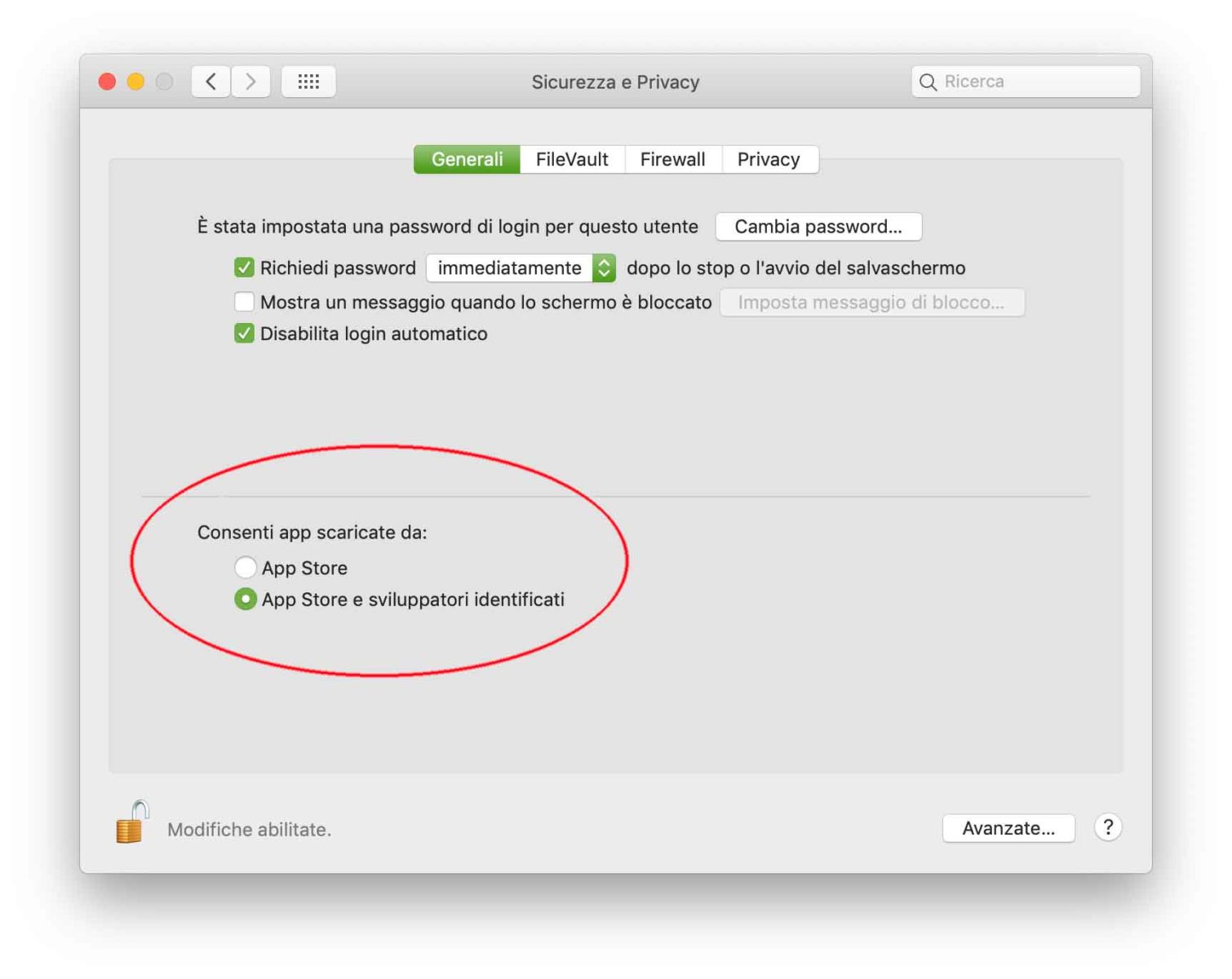 È possibile proteggere il Mac dai malware consentendo l'esecuzione solo di app che provengono da App Store o da sviluppatori identificati. L'opzione "App Store" consente di eseguire solo app scaricate dal Mac App Store; l'opzione "App Store e sviluppatori identificati" consente di eseguire solo le app scaricate dal Mac App Store e quelli degli sviluppatori identificati da Apple.