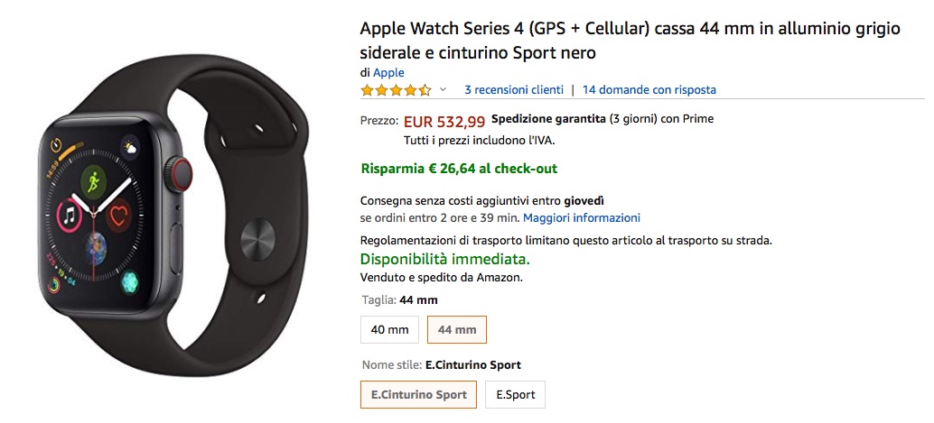 Sconto su Apple Watch 4 GPS+Cellular 44mm a 505 €, Apple Watch 3 a 284€