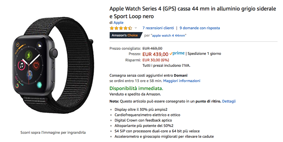 Apple Watch 4 da 44mm scontato su Amazon: 439 euro