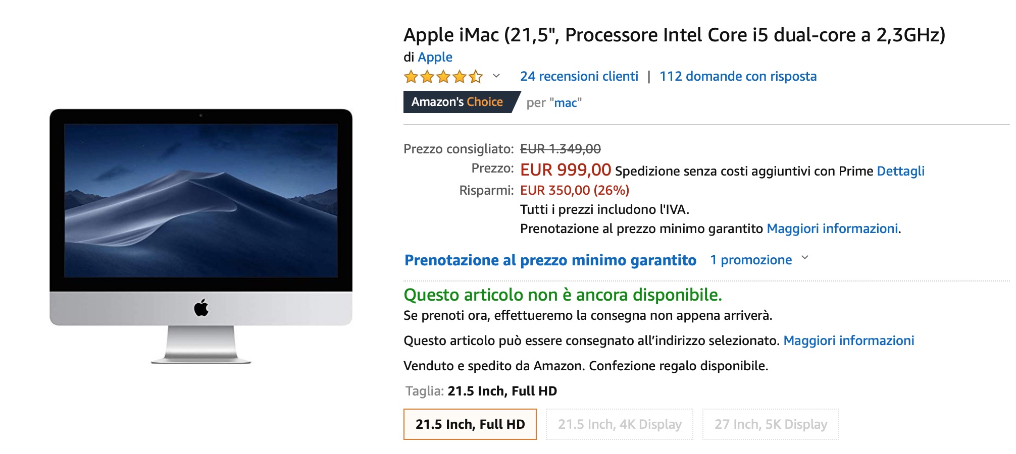 Offerta iMac 21,5″: su Amazon è scontato a 1099 euro
