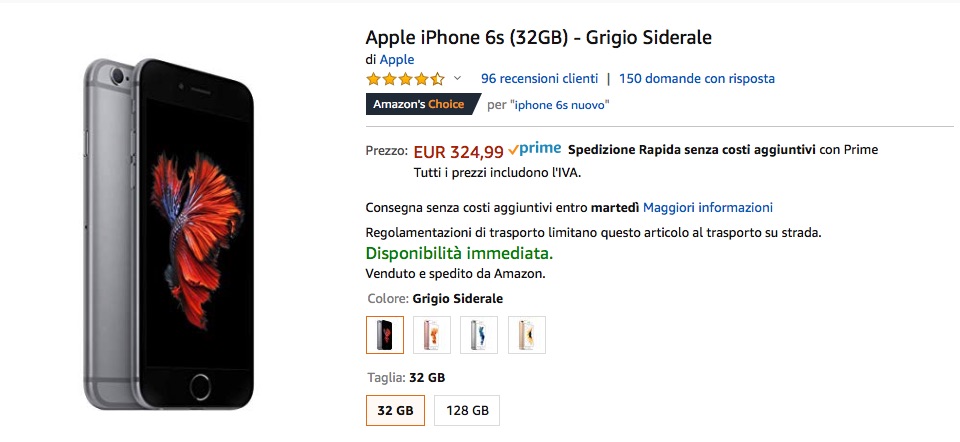 iPhone 6s in sconto su Amazon: solo 329 euro