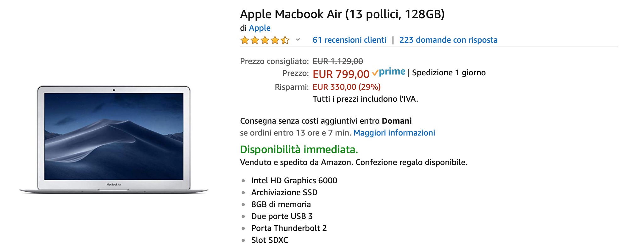 Super sconti: MacBook Air 13″ retina 999 euro, MacBook Air 13″ 799 euro!