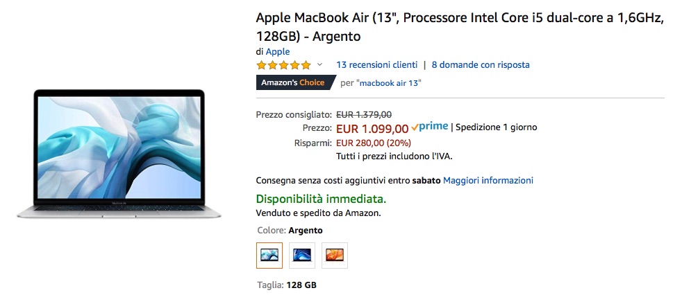 Su Amazon MacBook Air 13,3 Retina scontato di 280 euro