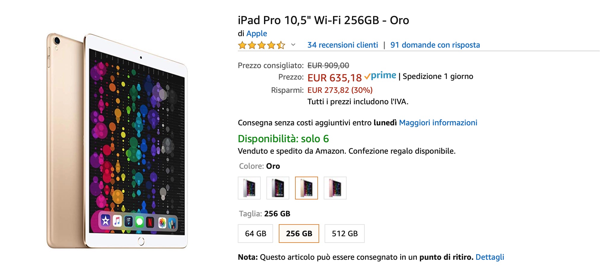 Su Amazon iPad Pro 10,5 pollici da 256 GB a 625 euro, 512 GB a 699 euro