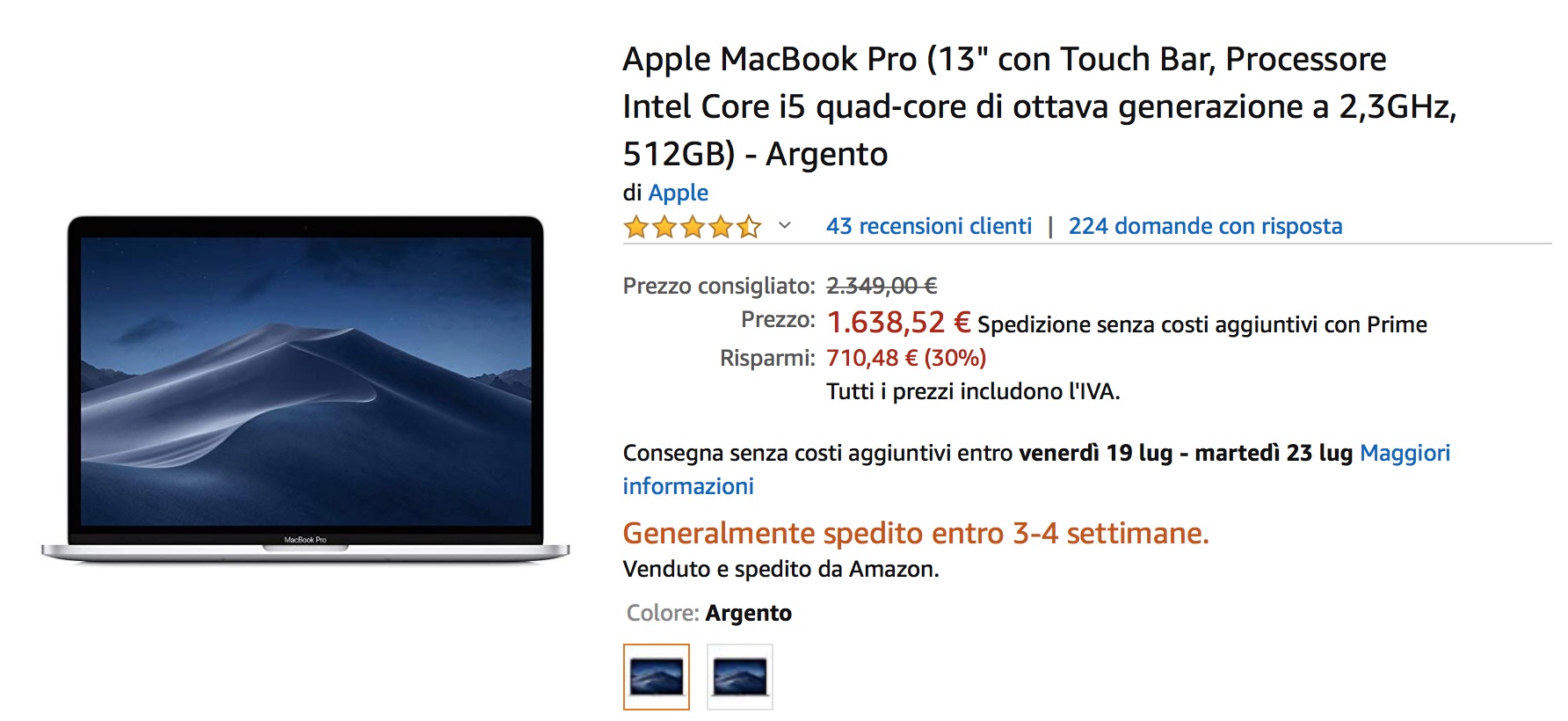 MacBook Pro 2018 con touchbar e 512 GB: 1638€ su Amazon