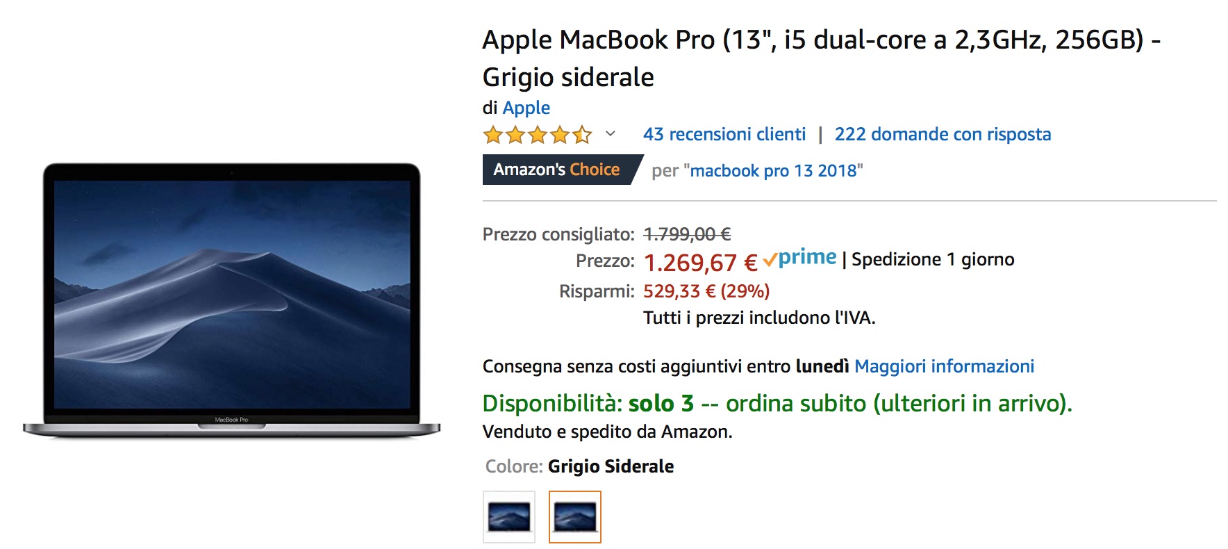 Due MacBook Pro 13″ 256 GB solo 1269,67 euro, prezzo incredibile