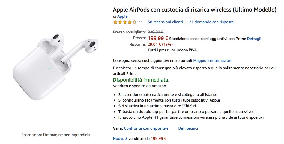 Sconto: AirPods 2 con custodia di ricarica wireless a 199,99€; è il prezzo minimo