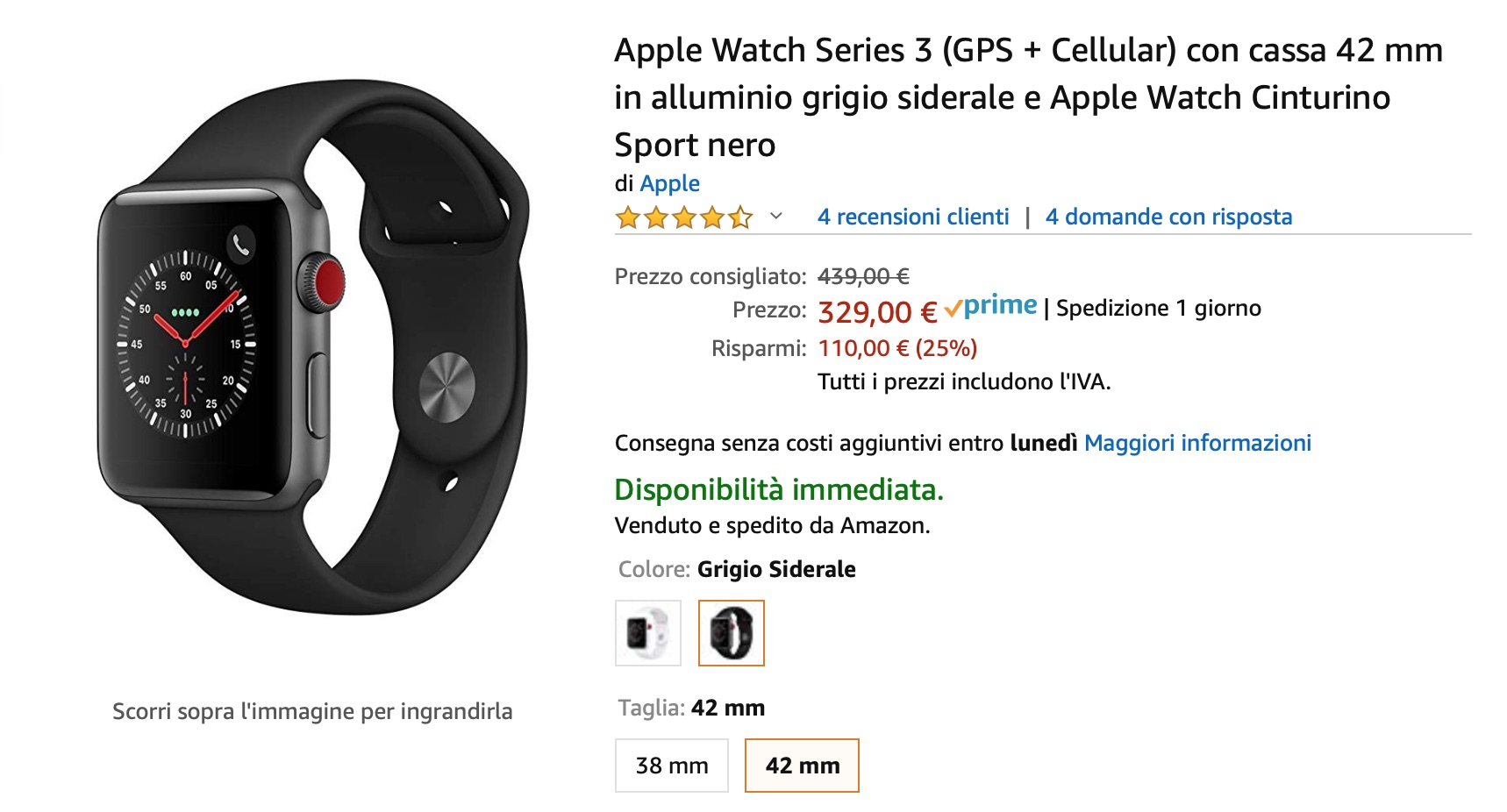 Apple Watch sconto boom fino al 25%; serie 3 GPS+Cellular 329€, serie 4 GPS 369€
