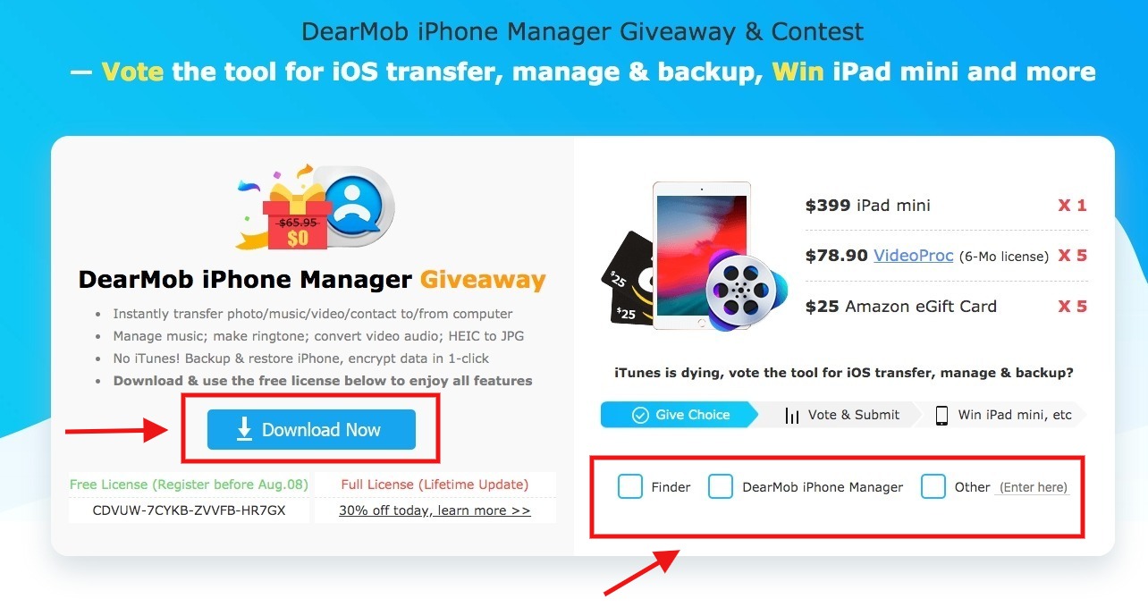Vinci iPad mini, Amazon Gift Card e scarica gratis Dearmob, l’alternativa gratuita ad Apple iTunes per iPhone