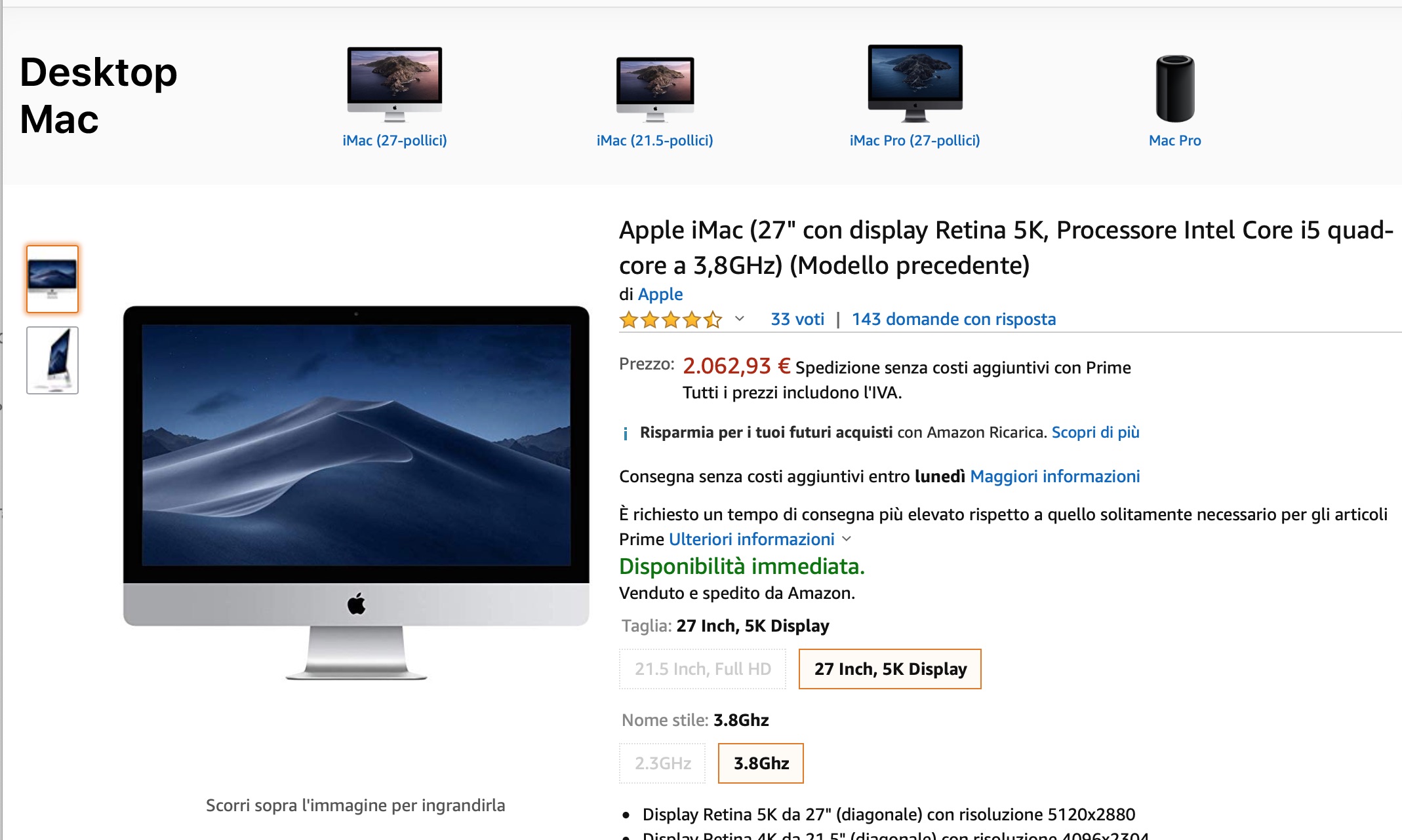 Su Amazon iMac 27″ da 3,8 GHz a solo 2099 euro
