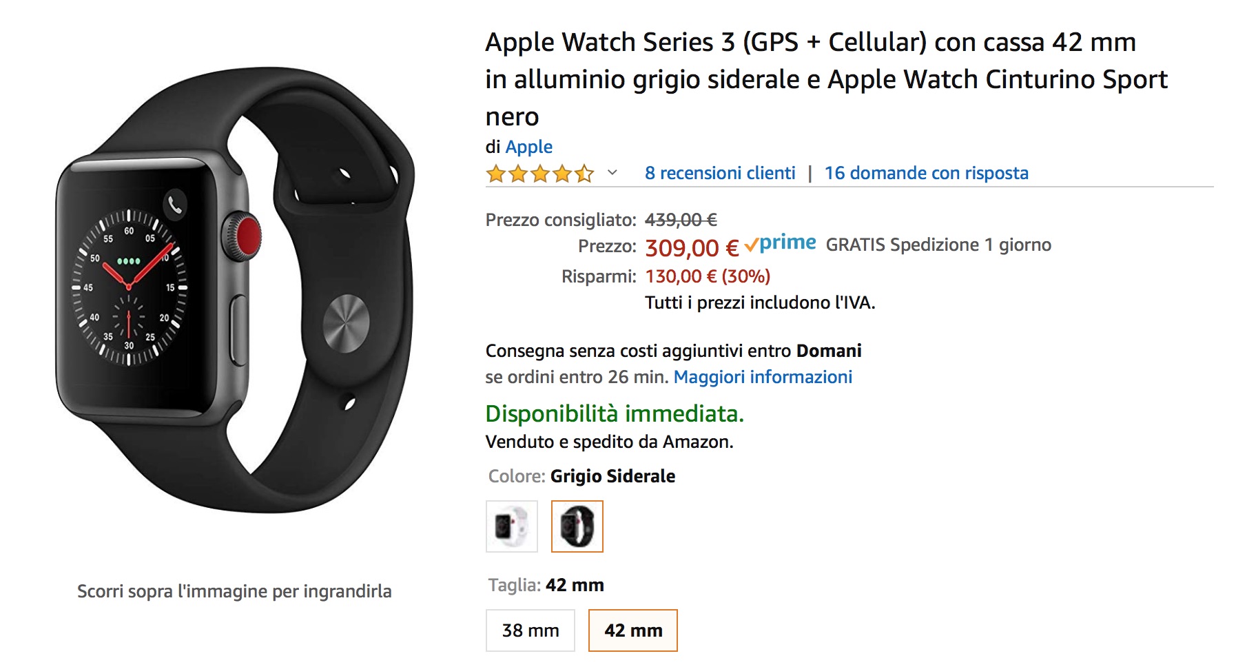 Apple Watch 3 GPS+Cellular scontato dal 30% su Amazon
