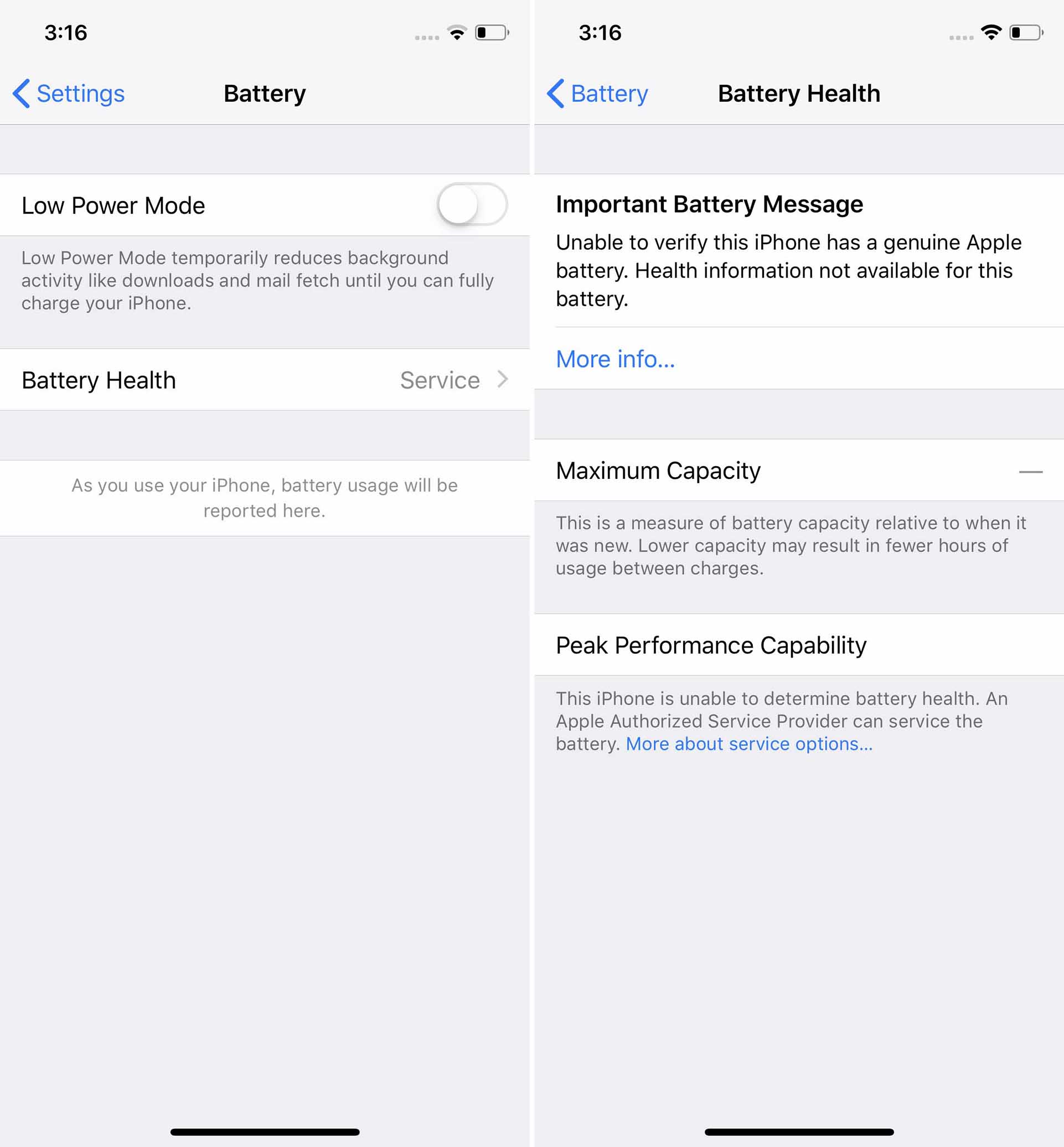 Un messaggio in iOS mostra la scritta “Servizio” quando si cambia la batteria scoraggiando la riparazione da terze parti