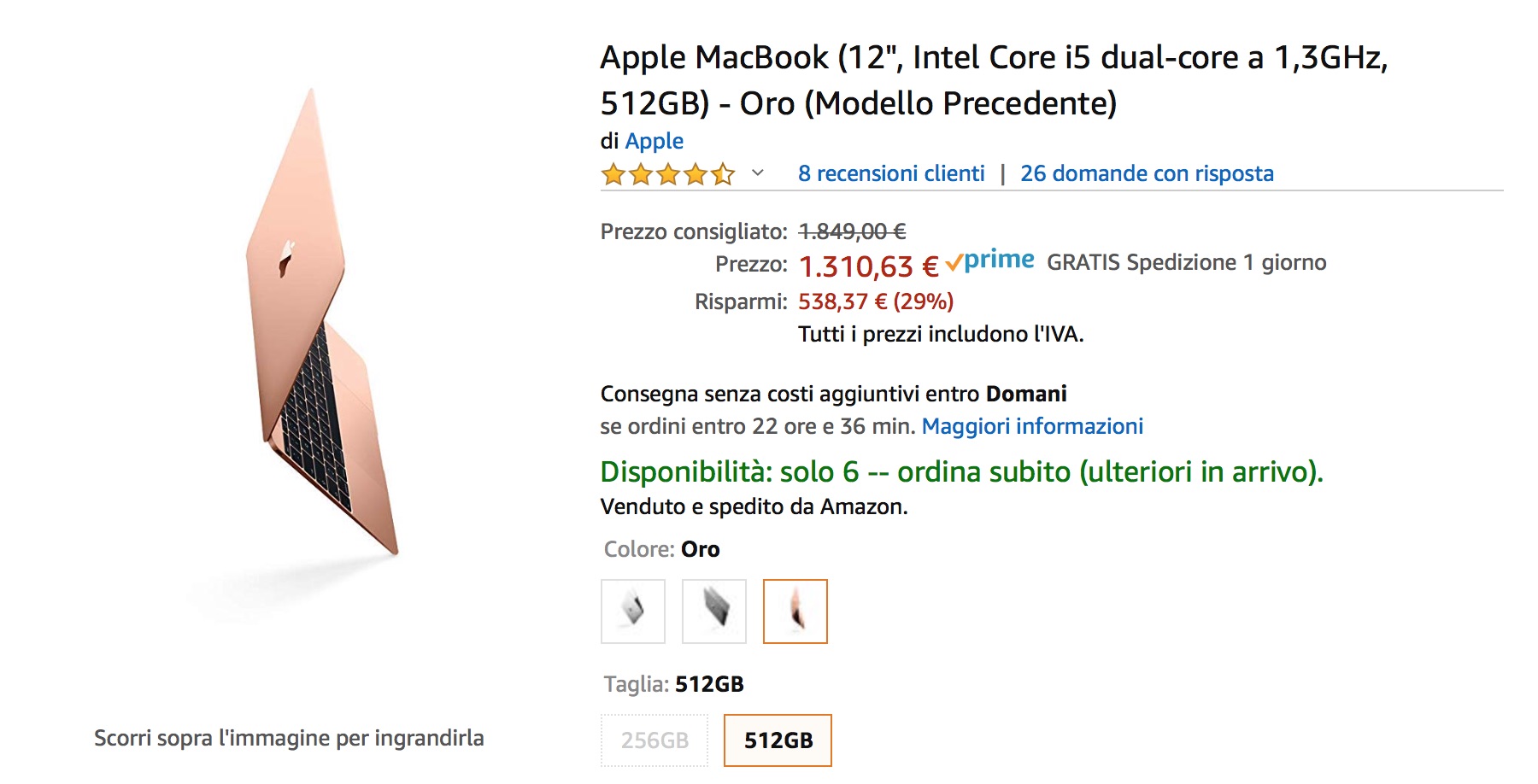 Supersconto MacBook 12″ Retina 512 GB: solo 1352 euro su Amazon