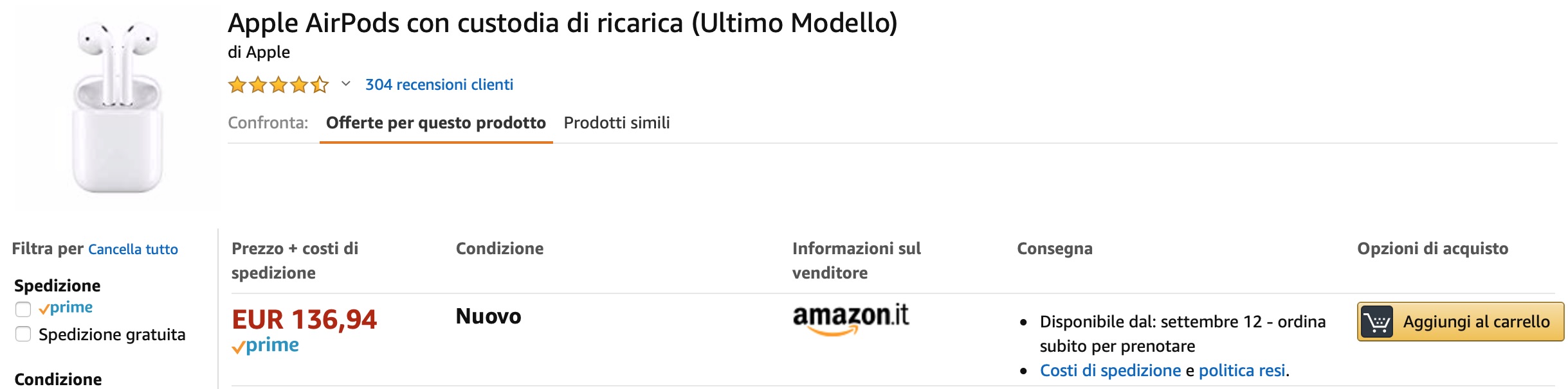 Sconto shock sugli AirPods 2: solo 134,94 € su Amazon